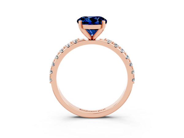 Rose gold Round Cut Blue Sapphire Solitaire Pavé Band with Four-Prong Setting