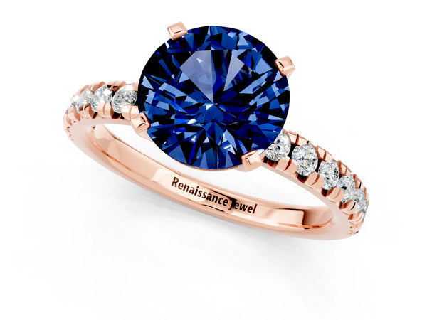 Rose gold Round Cut Blue Sapphire Solitaire Pavé Engagement Ring with Round Band and Prong Setting