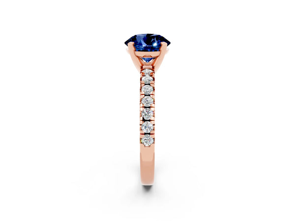 Rose gold Round Cut Blue Sapphire Solitaire Pavé Engagement Ring with Round Band and Prong Setting