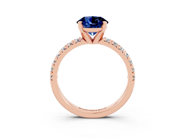 Rose gold Round Cut Blue Sapphire Solitaire Pavé Engagement Ring with Round Band and Prong Setting