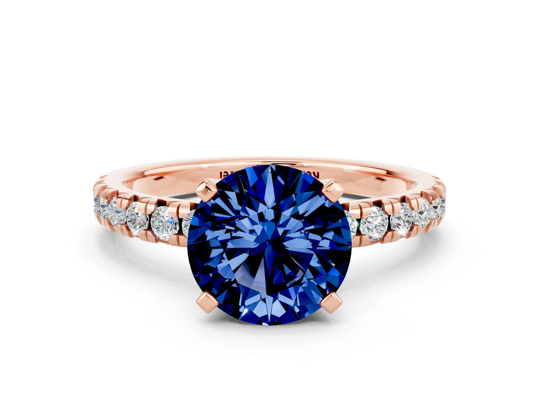 Rose gold Round Cut Blue Sapphire Solitaire Pavé Engagement Ring with Round Band and Prong Setting_66