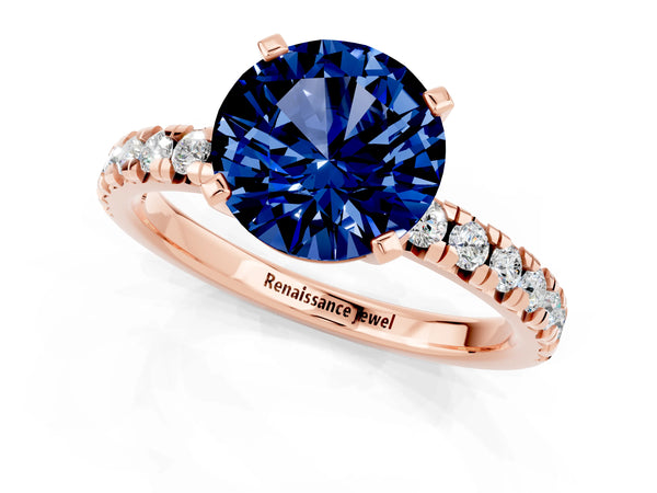 Rose gold Round Cut Blue Sapphire Solitaire Pavé Engagement Ring with Round Band and Prong Setting