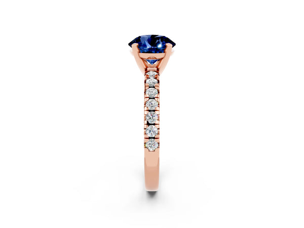 Rose gold Round Cut Blue Sapphire Solitaire Pavé Engagement Ring with Round Band and Prong Setting