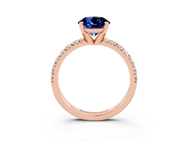 Rose gold Round Cut Blue Sapphire Solitaire Pavé Engagement Ring with Round Band and Prong Setting