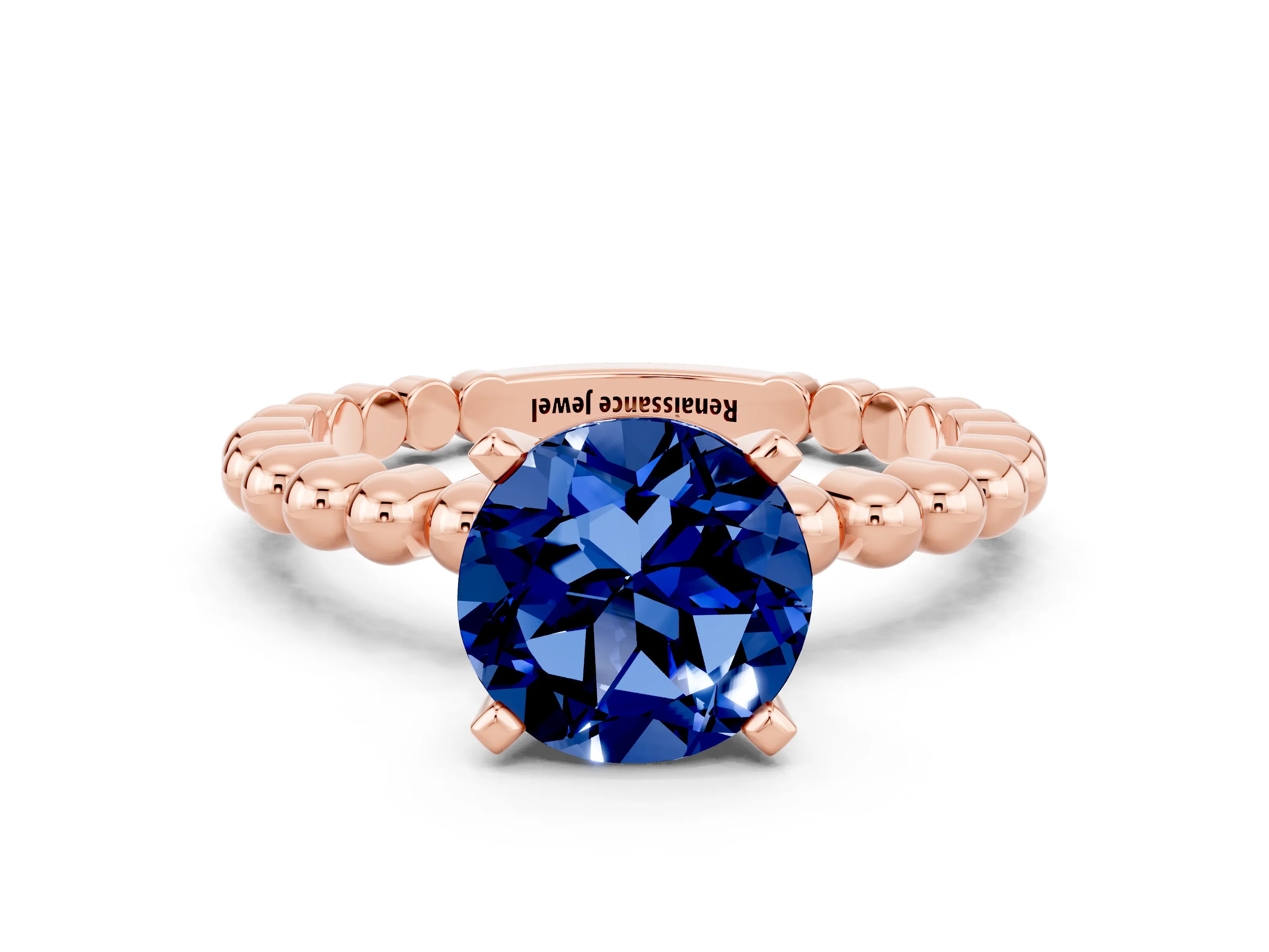 Rose gold Round Cut Blue Sapphire Solitaire Ring with Beaded Band and Prong Setting