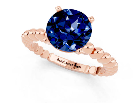 Rose gold Round Cut Blue Sapphire Solitaire Ring with Beaded Band and Prong Setting_1