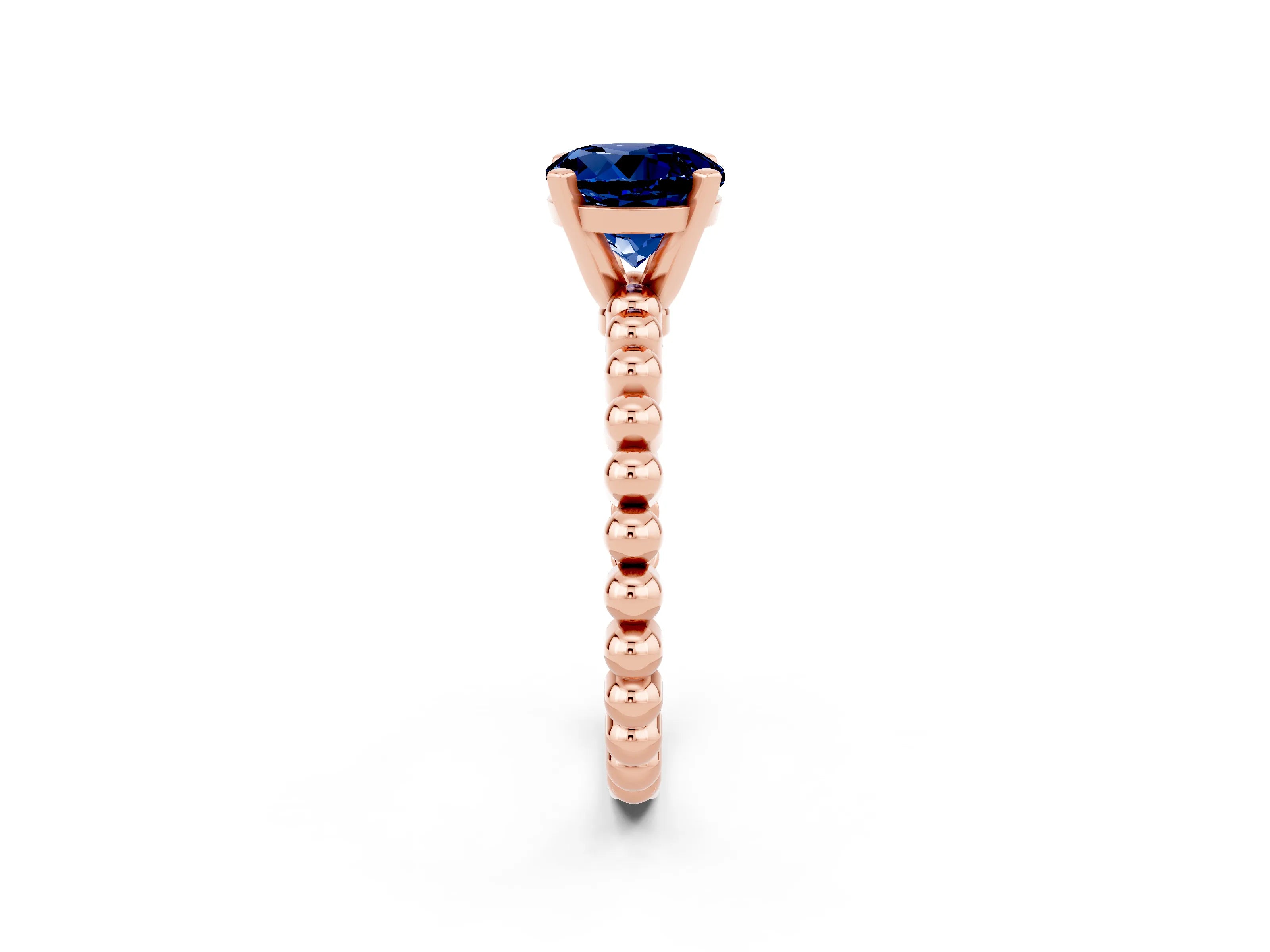 Rose gold Round Cut Blue Sapphire Solitaire Ring with Beaded Band and Prong Setting_2
