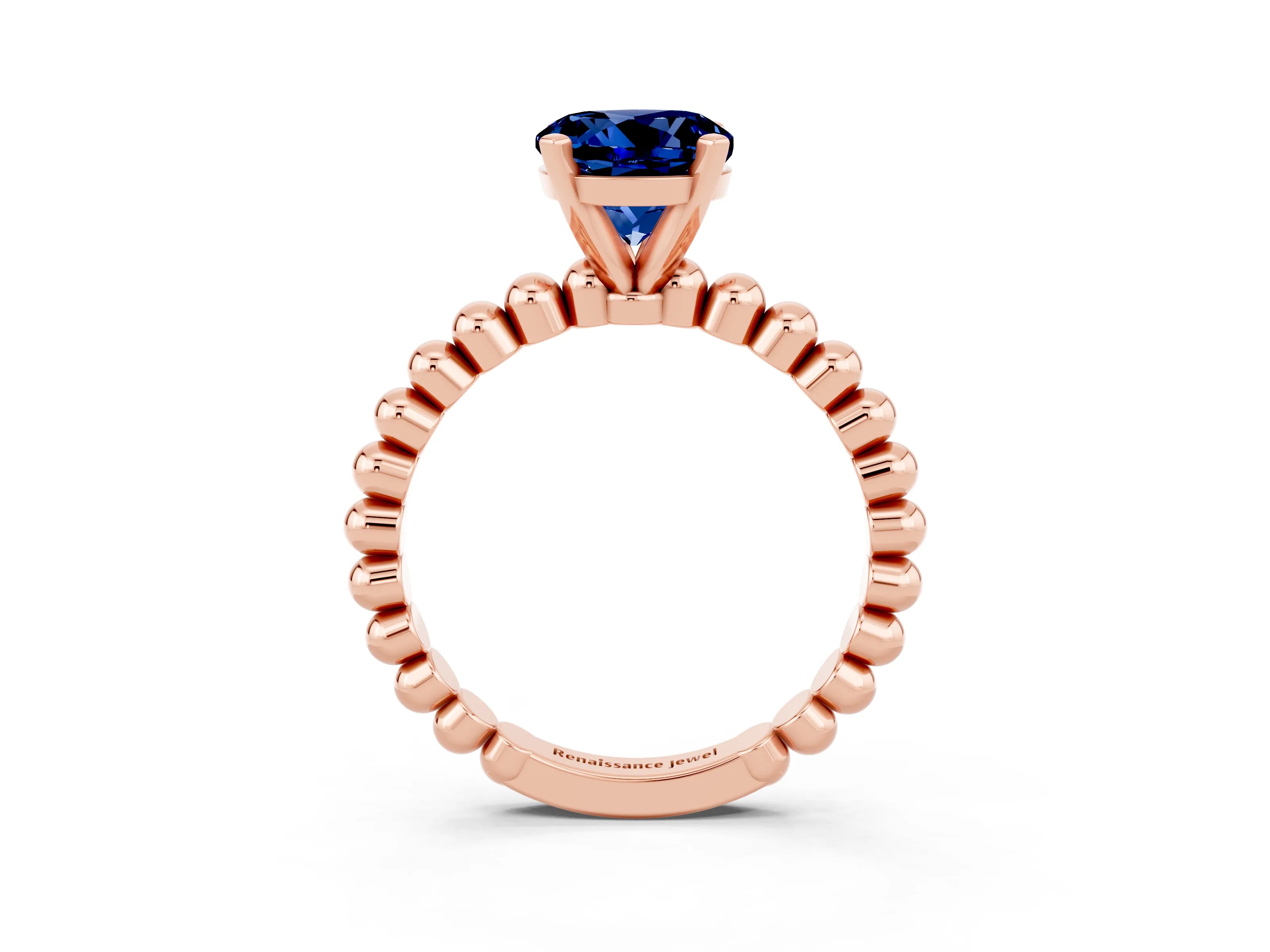 Rose gold Round Cut Blue Sapphire Solitaire Ring with Beaded Band and Prong Setting_3