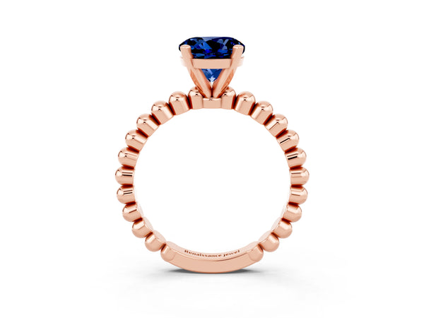 Rose gold Round Cut Blue Sapphire Solitaire Ring with Beaded Band and Prong Setting