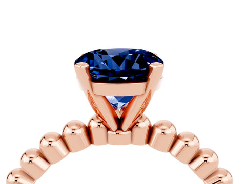 Rose gold Round Cut Blue Sapphire Solitaire Ring with Beaded Band and Prong Setting_4