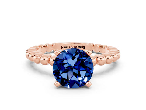 Rose gold Round Cut Blue Sapphire Solitaire Ring with Beaded Band and Prong Setting