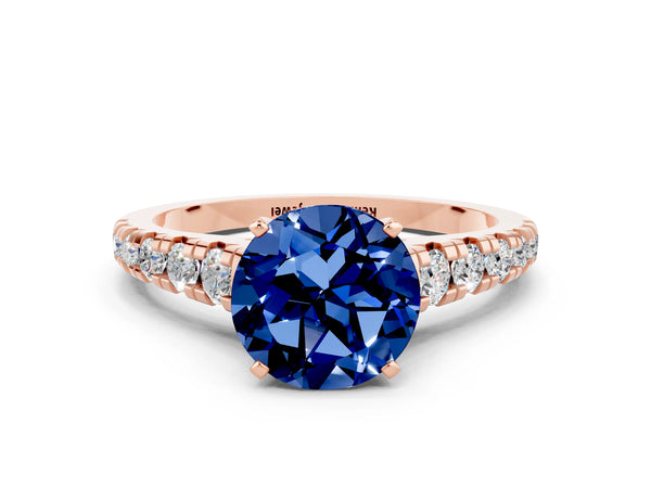 Rose gold Round Cut Blue Sapphire Cathedral Solitaire Ring with Round  Pavé Band