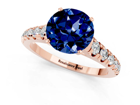 Rose gold Round Cut Blue Sapphire Solitaire Ring with Cathedral Setting and Pavé Band_1