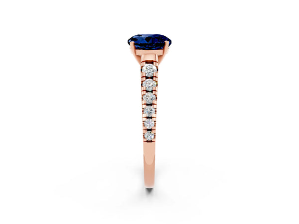Rose gold Round Cut Blue Sapphire Cathedral Solitaire Ring with Round  Pavé Band