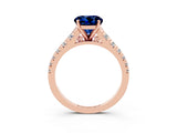 Rose gold Round Cut Blue Sapphire Solitaire Ring with Cathedral Setting and Pavé Band_3