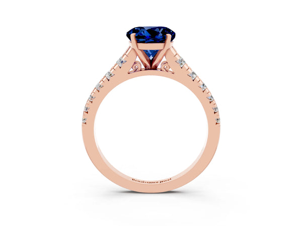 Rose gold Round Cut Blue Sapphire Cathedral Solitaire Ring with Round  Pavé Band