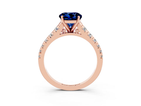 Rose gold Round Cut Blue Sapphire Solitaire Ring with Cathedral Setting and Pavé Band_3