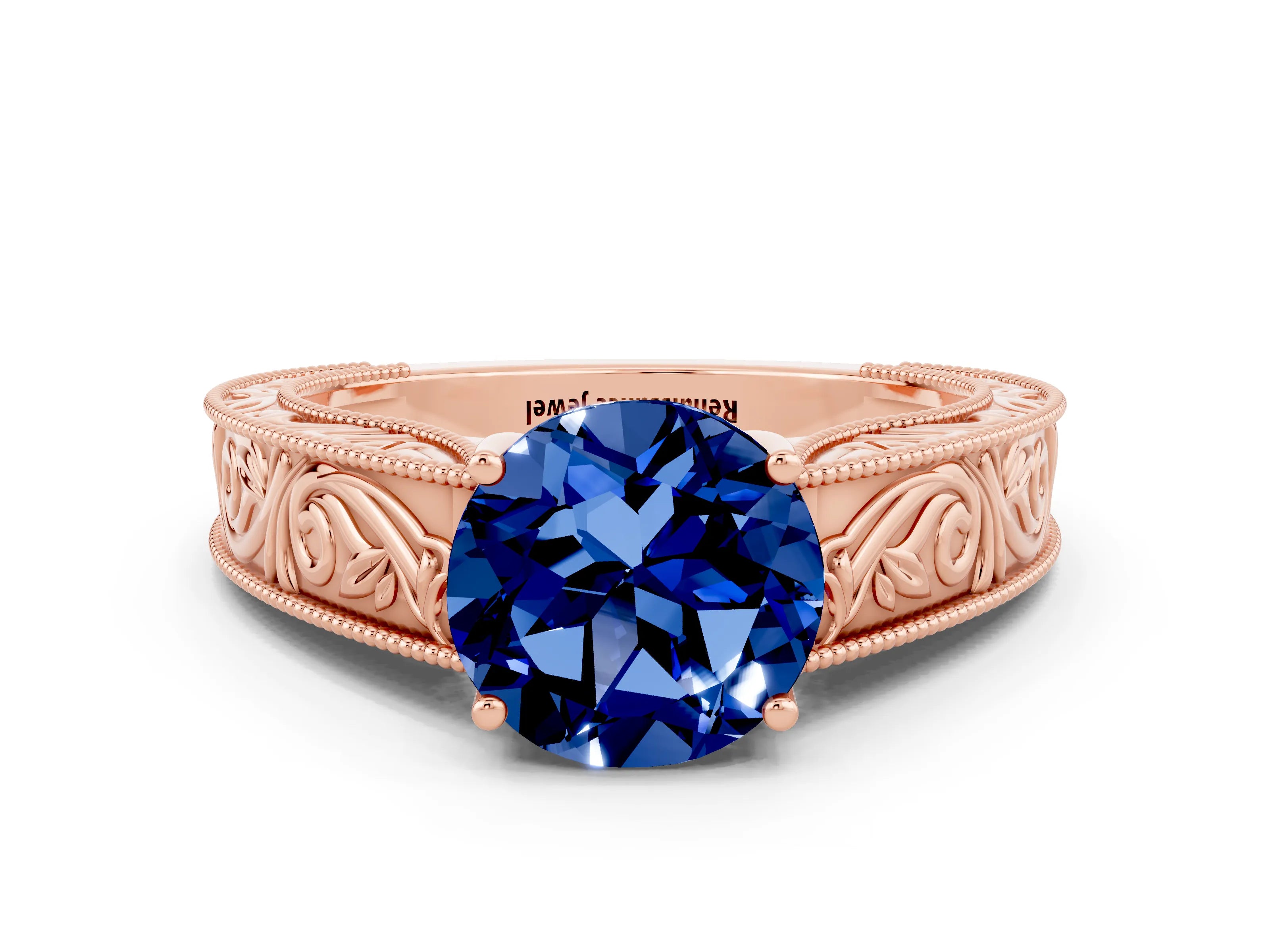 Rose gold Round Cut Blue Sapphire Solitaire Ring with Engraved Band and Four-Prong Setting