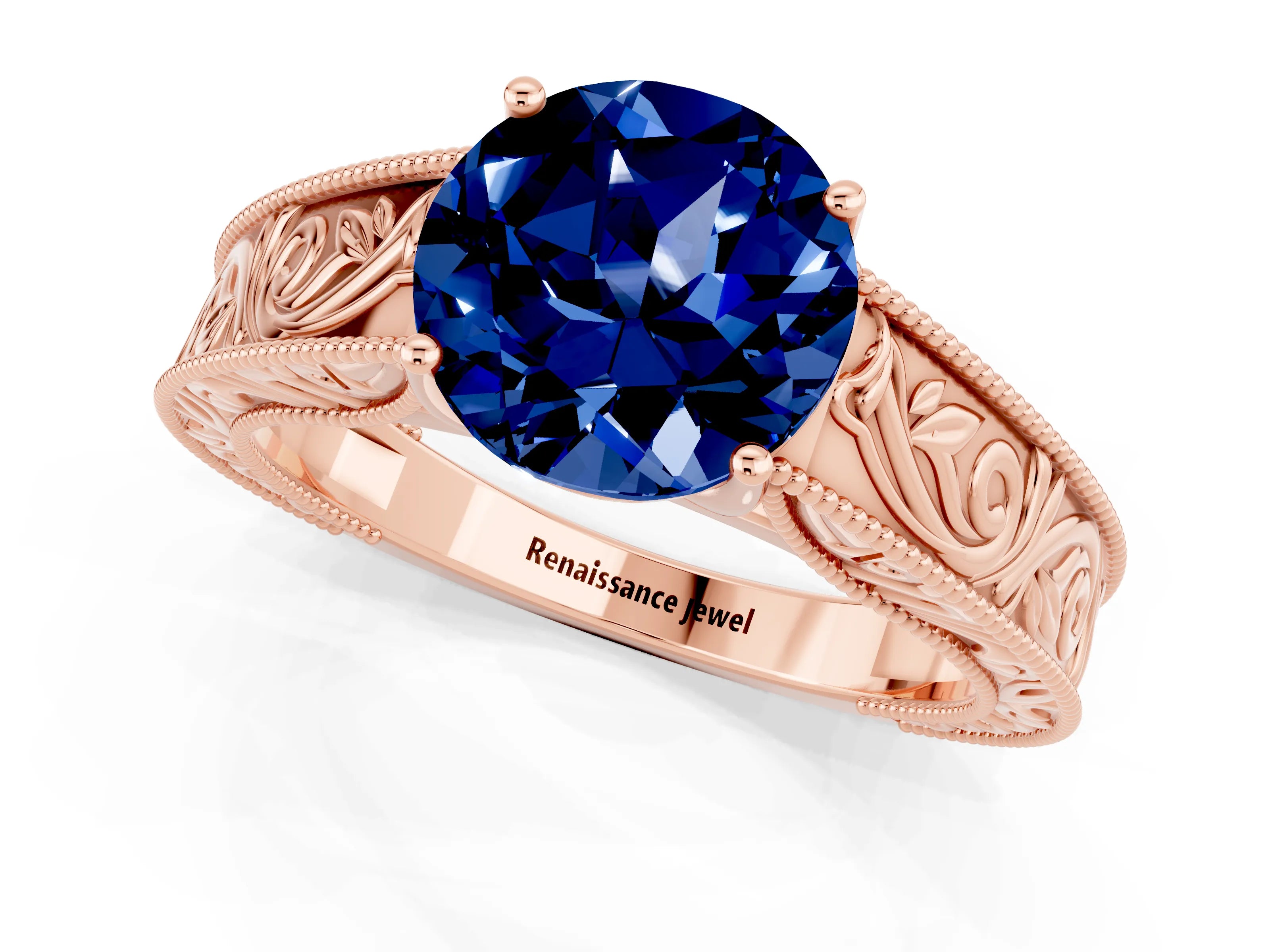 Rose gold Round Cut Blue Sapphire Solitaire Ring with Engraved Band and Four-Prong Setting_1