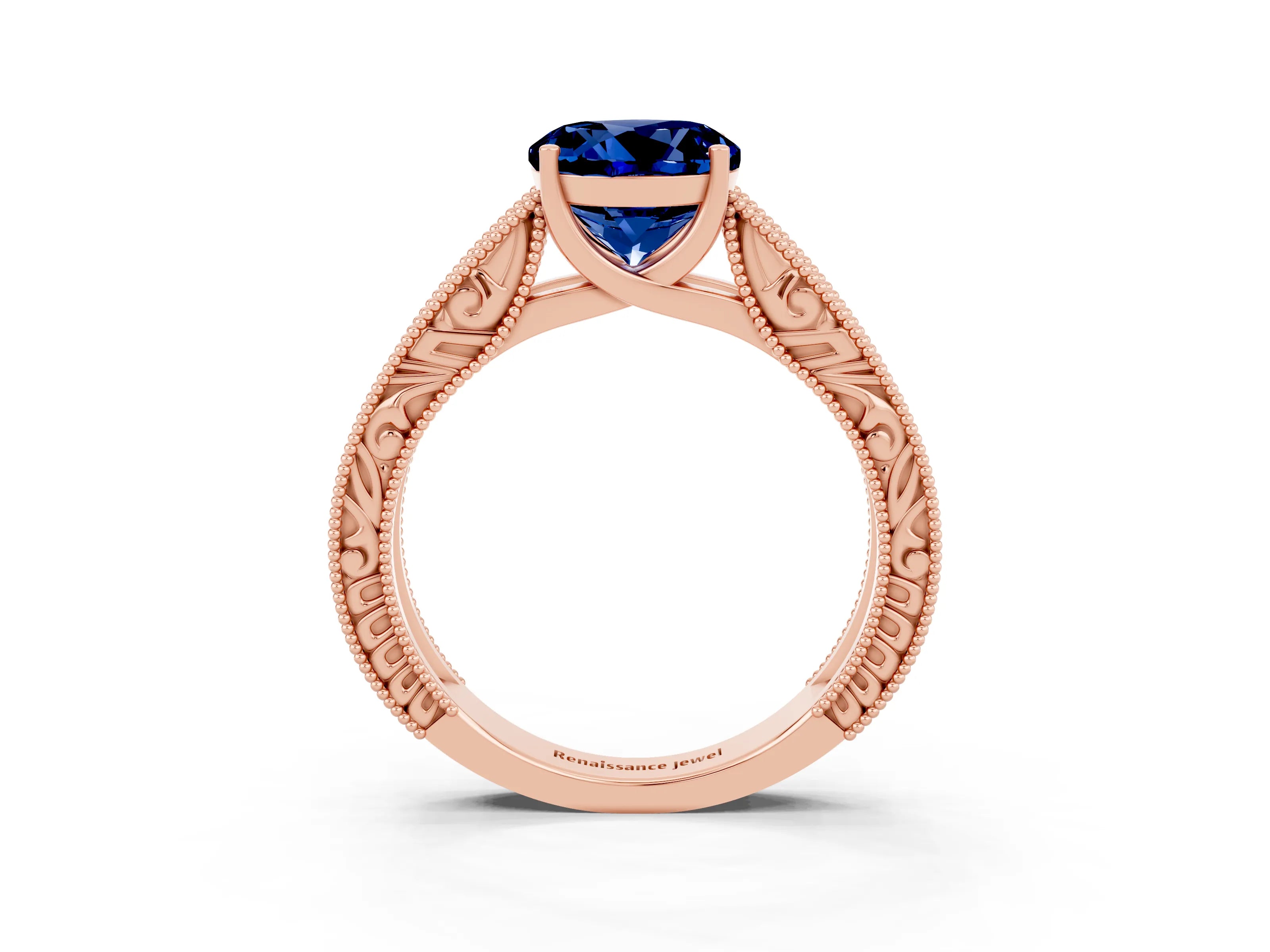 Rose gold Round Cut Blue Sapphire Solitaire Ring with Engraved Band and Four-Prong Setting_3
