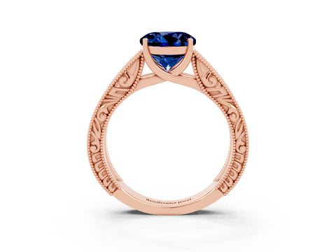 Rose gold Round Cut Blue Sapphire Solitaire Ring with Engraved Band and Four-Prong Setting_3