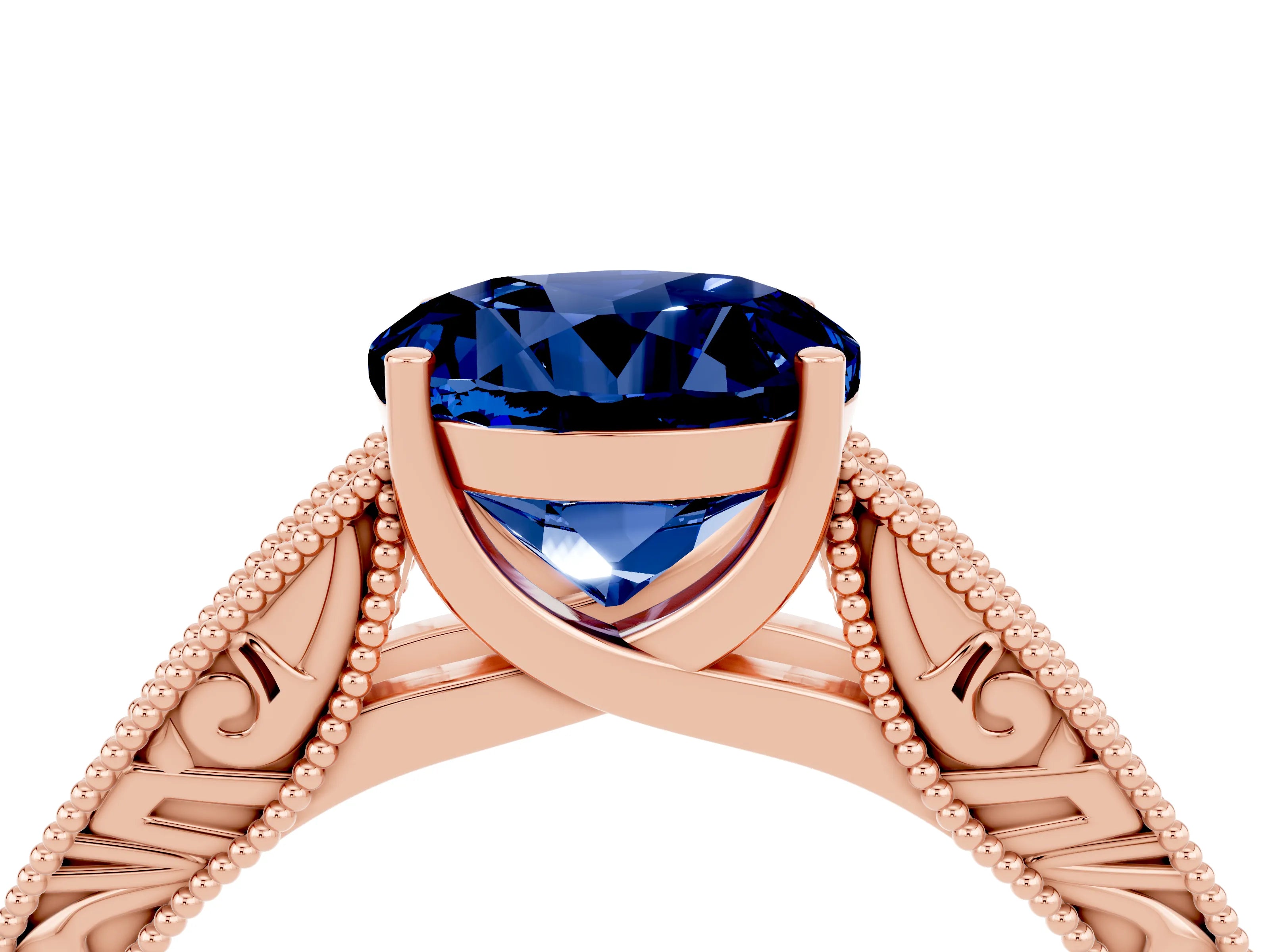 Rose gold Round Cut Blue Sapphire Solitaire Ring with Engraved Band and Four-Prong Setting_4