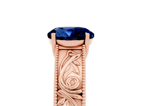 Rose gold Round Cut Blue Sapphire Solitaire Ring with Engraved Band and Four-Prong Setting_5