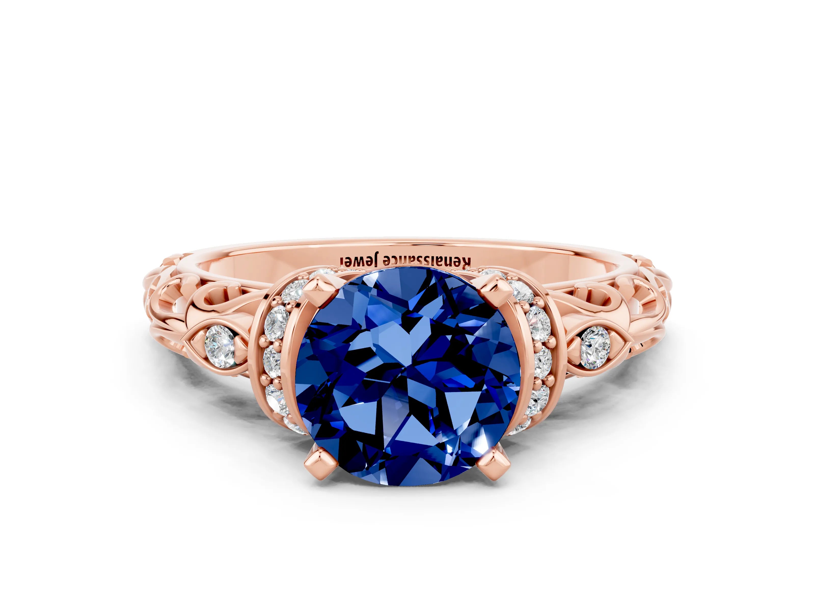Rose gold Round Cut Blue Sapphire Solitaire Ring with Filigree Band and Four-Prong Setting_24