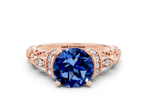 Rose gold Round Cut Blue Sapphire Solitaire Ring with Filigree Band and Four-Prong Setting_24
