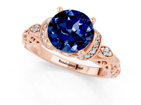 Rose gold Round Cut Blue Sapphire Solitaire Ring with Filigree Band and Four-Prong Setting_25