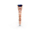 Rose gold Round Cut Blue Sapphire Solitaire Ring with Filigree Band and Four-Prong Setting_26