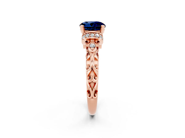 Rose gold Round Cut Blue Sapphire Solitaire Ring with Filigree Band and Four-Prong Setting