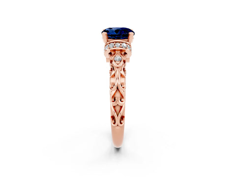 Rose gold Round Cut Blue Sapphire Solitaire Ring with Filigree Band and Four-Prong Setting_26