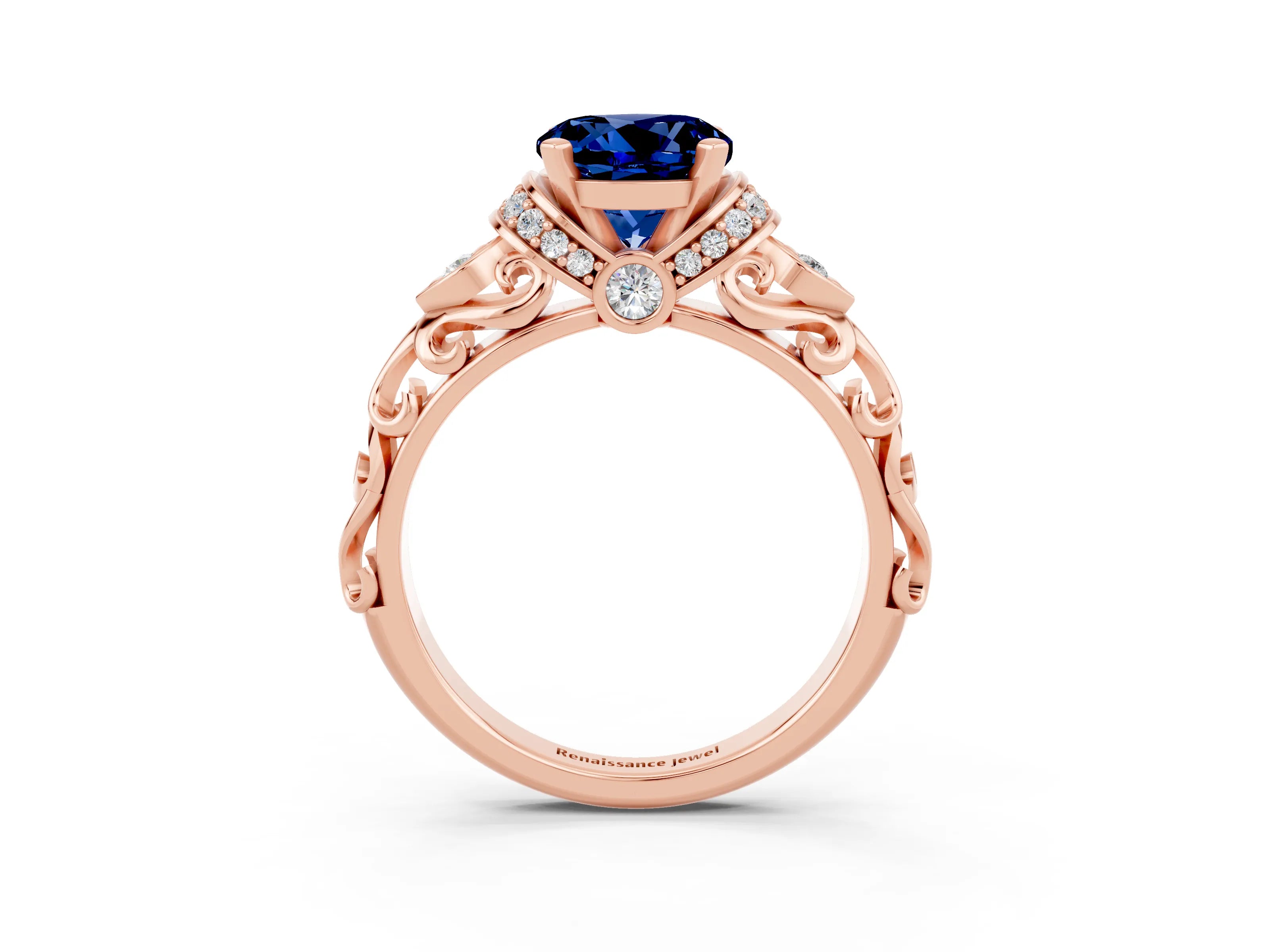 Rose gold Round Cut Blue Sapphire Solitaire Ring with Filigree Band and Four-Prong Setting_27