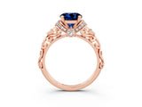 Rose gold Round Cut Blue Sapphire Solitaire Ring with Filigree Band and Four-Prong Setting_27
