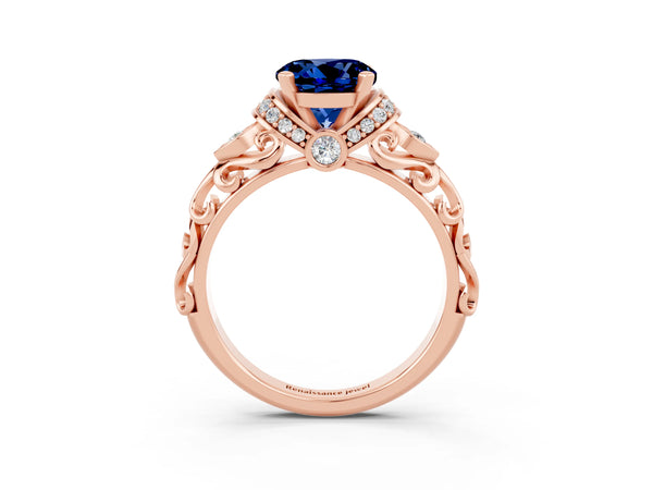 Rose gold Round Cut Blue Sapphire Solitaire Ring with Filigree Band and Four-Prong Setting