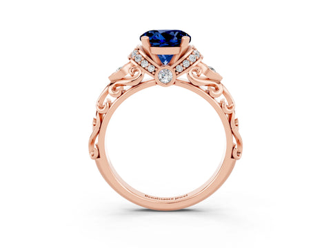 Rose gold Round Cut Blue Sapphire Solitaire Ring with Filigree Band and Four-Prong Setting_27