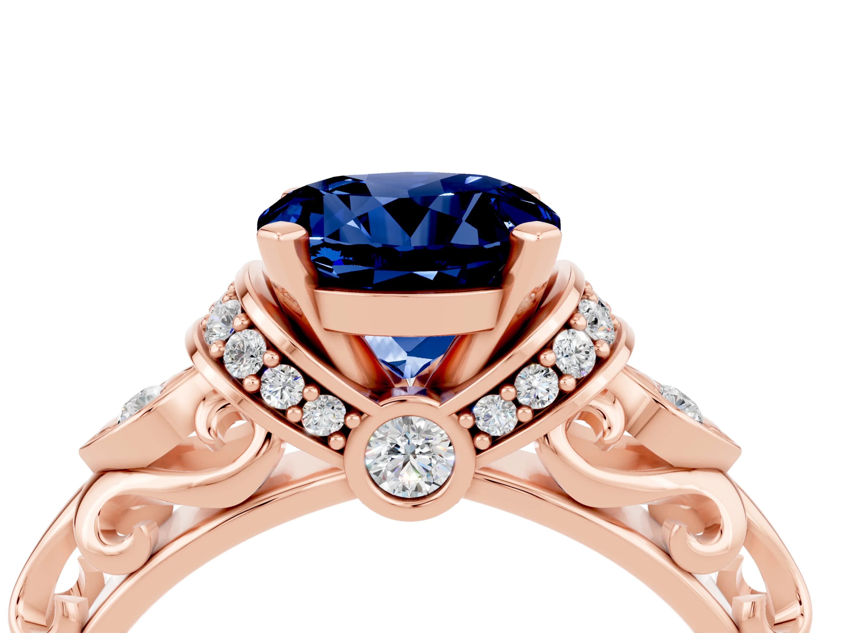Rose gold Round Cut Blue Sapphire Solitaire Ring with Filigree Band and Four-Prong Setting_28