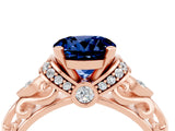 Rose gold Round Cut Blue Sapphire Solitaire Ring with Filigree Band and Four-Prong Setting_28