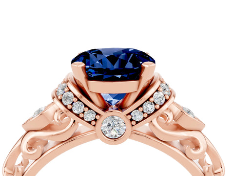 Rose gold Round Cut Blue Sapphire Solitaire Ring with Filigree Band and Four-Prong Setting_28