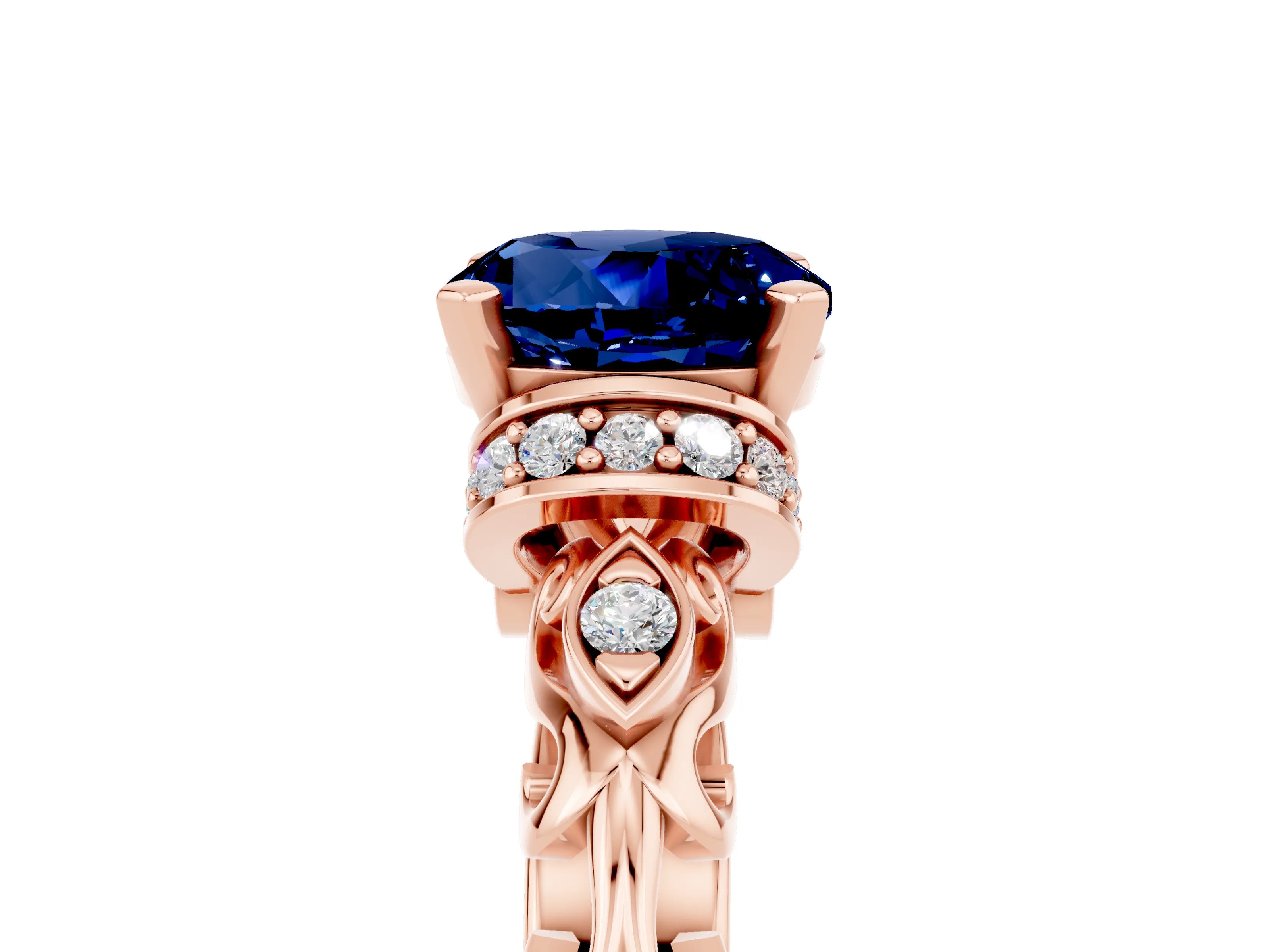 Rose gold Round Cut Blue Sapphire Solitaire Ring with Filigree Band and Four-Prong Setting_29