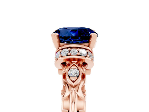 Rose gold Round Cut Blue Sapphire Solitaire Ring with Filigree Band and Four-Prong Setting_29