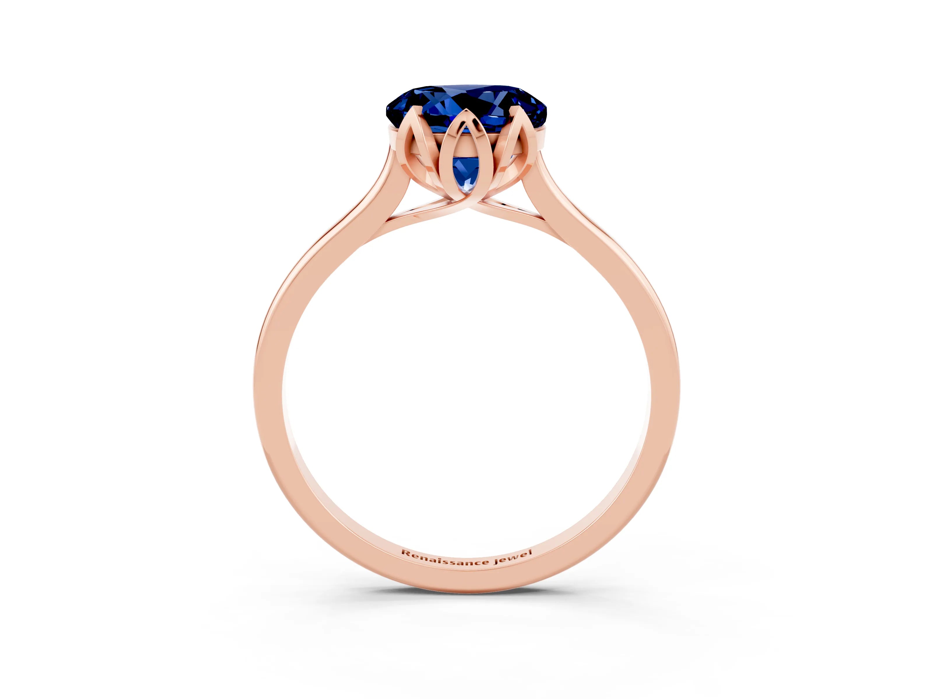 Rose gold Round Cut Blue Sapphire Solitaire Ring with Flower Prong Setting and Classic Band_15