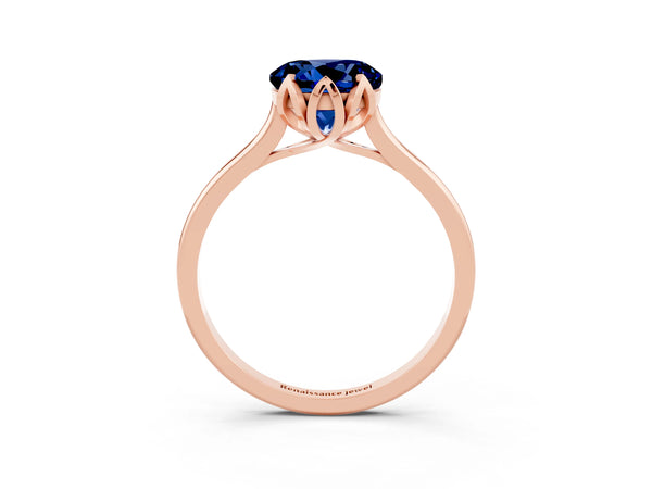 Rose gold Round Cut Blue Sapphire Solitaire Ring with Flower Prong Setting and Classic Band