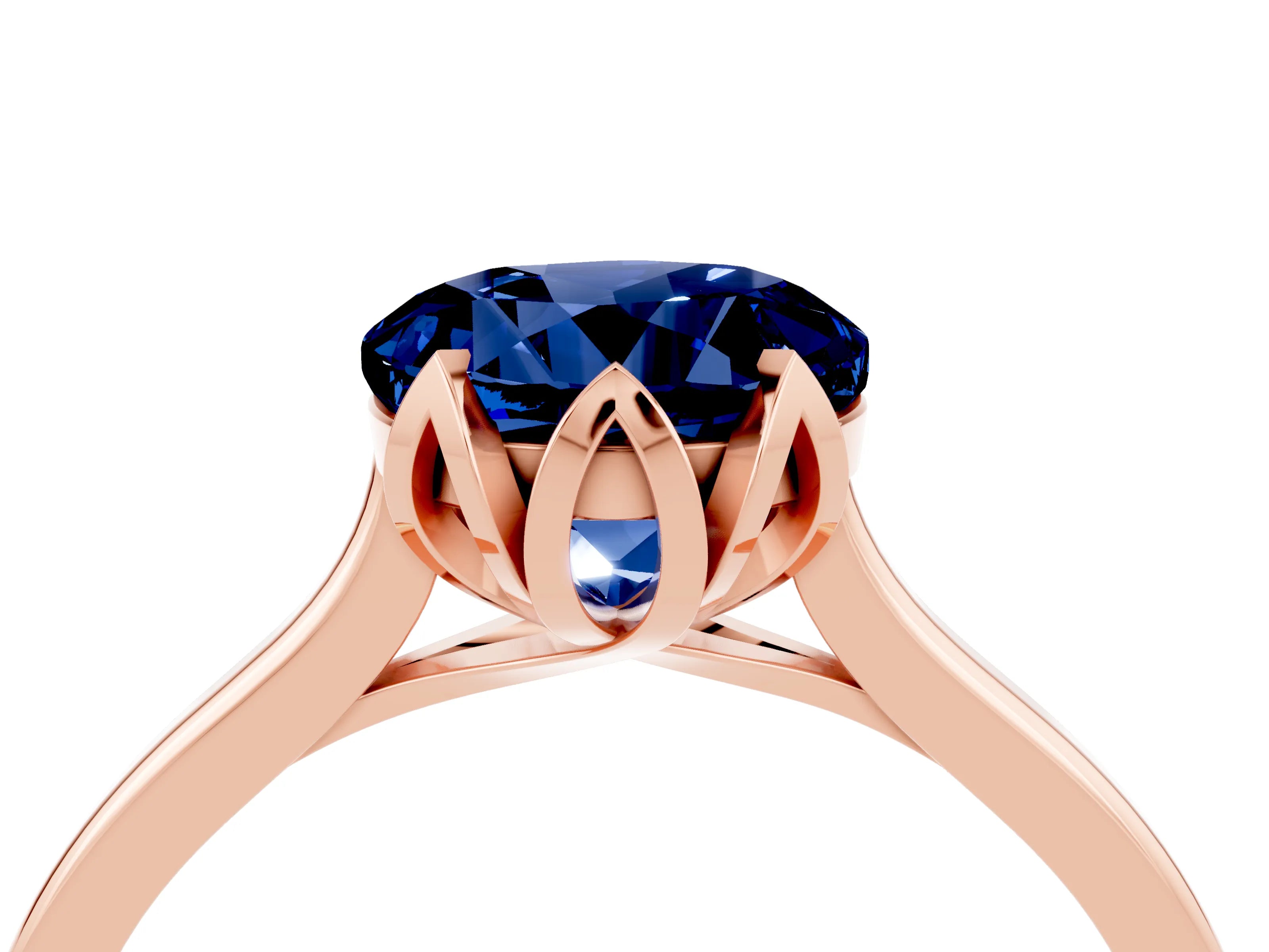Rose gold Round Cut Blue Sapphire Solitaire Ring with Flower Prong Setting and Classic Band_16