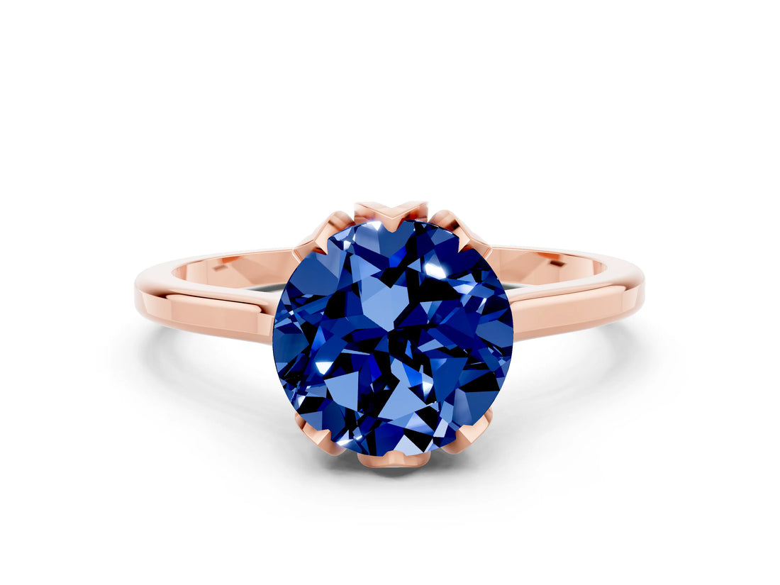 Rose gold Round Cut Blue Sapphire Solitaire Ring with Flower Prong Setting and Classic Band_36