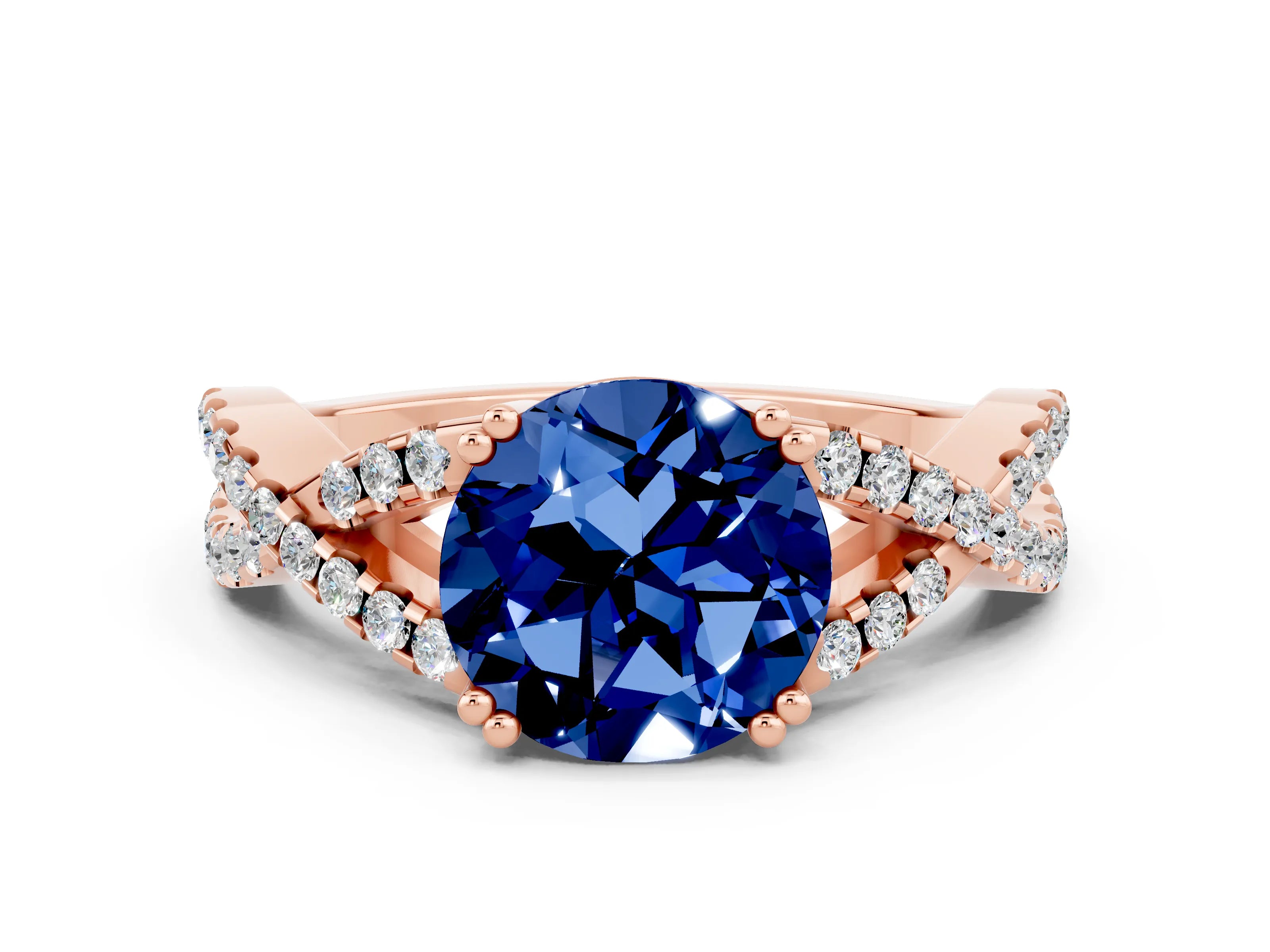 Rose gold Round Cut Blue Sapphire Solitaire Ring with Four-Prong Setting and Twisted Pavé Band