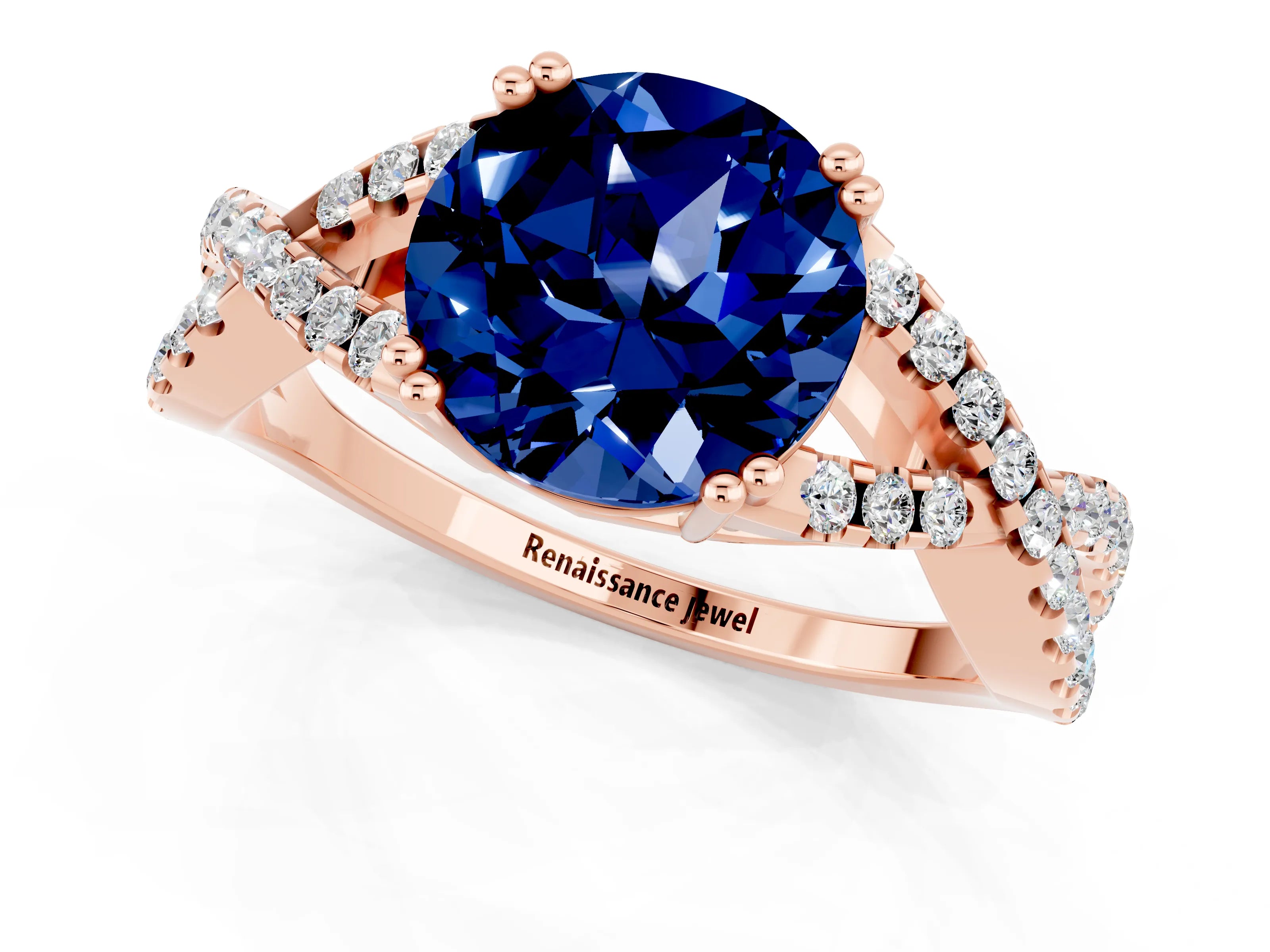 Rose gold Round Cut Blue Sapphire Solitaire Ring with Four-Prong Setting and Twisted Pavé Band_1