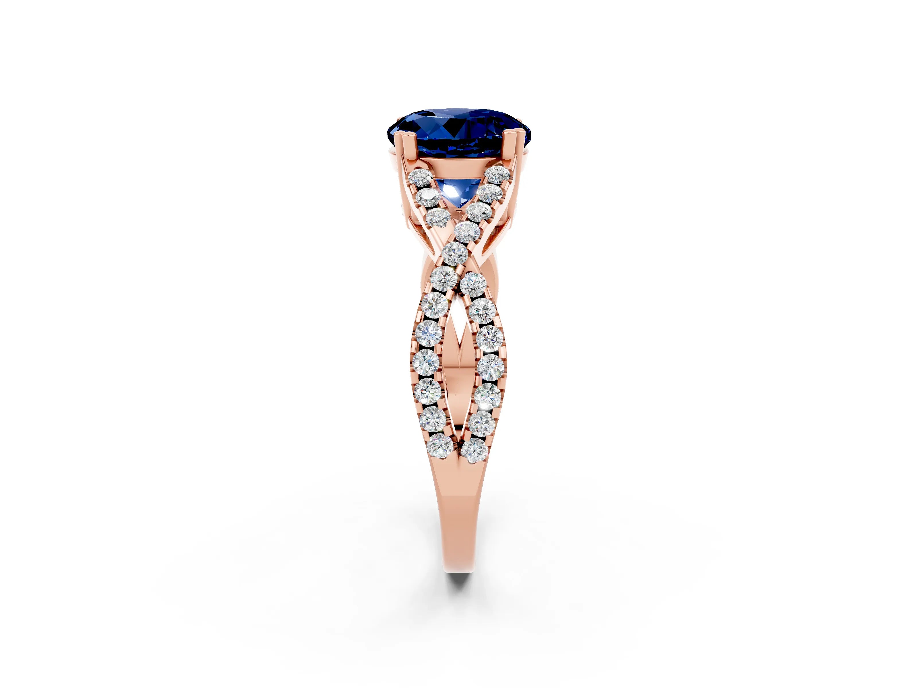 Rose gold Round Cut Blue Sapphire Solitaire Ring with Four-Prong Setting and Twisted Pavé Band_2