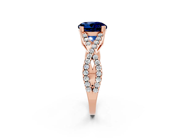 Rose gold Round Cut Blue Sapphire Solitaire Ring with Four-Prong Setting and Twisted Pavé Band